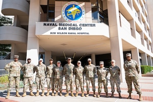 Reserve Citizen Airmen with the 514th Aeromedical Staging Squadron, 514th Air Mobility Wing, pose for a photo at the Naval Medical Center, San Diego, Calif., on July 19, 2024.