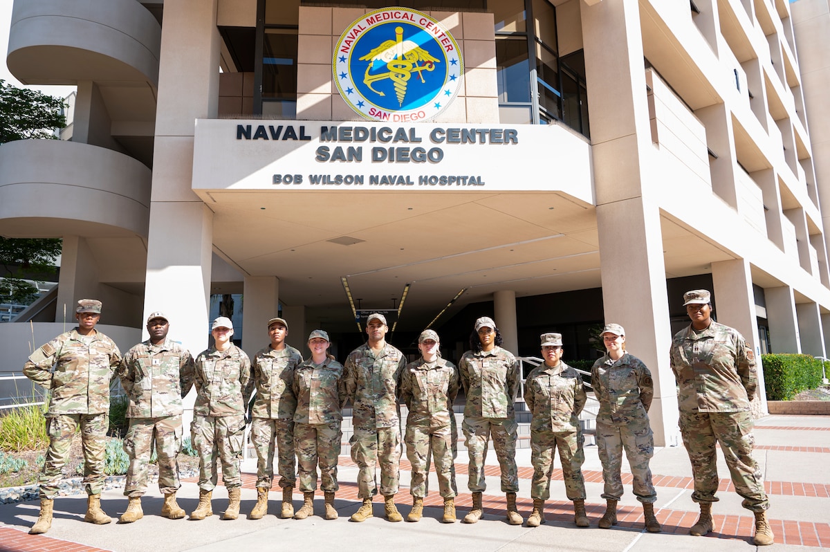 Reserve Citizen Airmen with the 514th Aeromedical Staging Squadron, 514th Air Mobility Wing, pose for a photo at the Naval Medical Center, San Diego, Calif., on July 19, 2024.