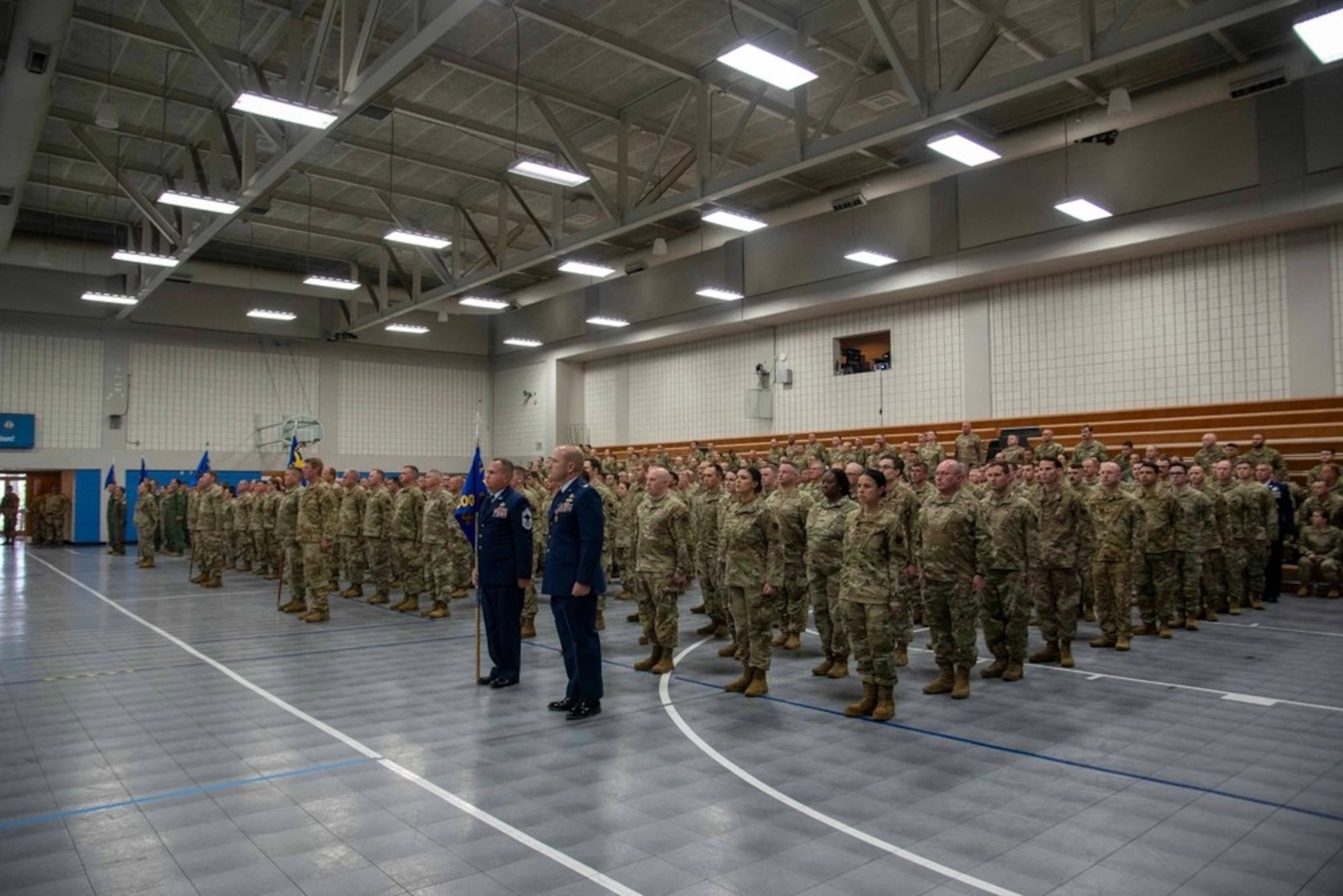 Members of the 228th Cyberspace Operations Group form up with the rest of the 134th Air Refueling Wing at a group activation ceremony Aug. 4, 2024, at McGhee Tyson Air National Guard Base.