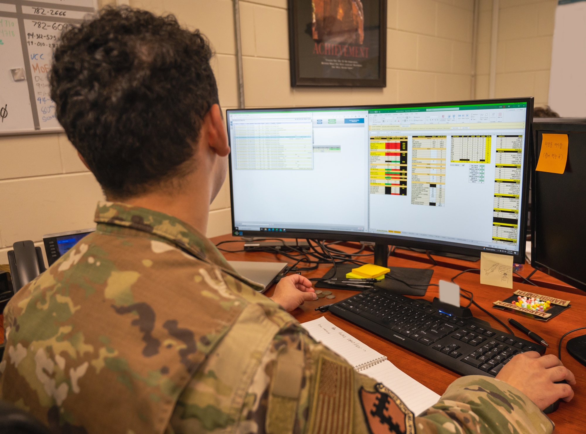 Airman Jose Rosado, 8th Maintenance Group maintenance management analyst, reviews reports.