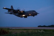 A U.S. Air Force MC-130J Commando II, assigned to the 492nd Special Operations Wing, lands on Highway 63 during Emerald Warrior 24 FTX II in Bono, Arkansas, August 4, 2024.