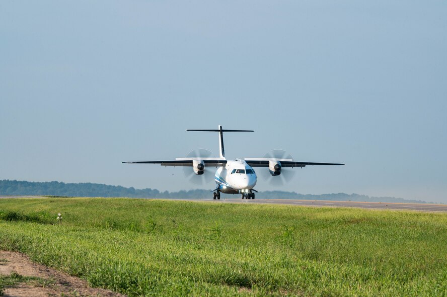 A U.S. Air Force C-146A Wolfhound, assigned to the 492d Special Operations Wing, lands on Highway 63 during Emerald Warrior 24 FTX II in Bono, Arkansas, August 4, 2024.
