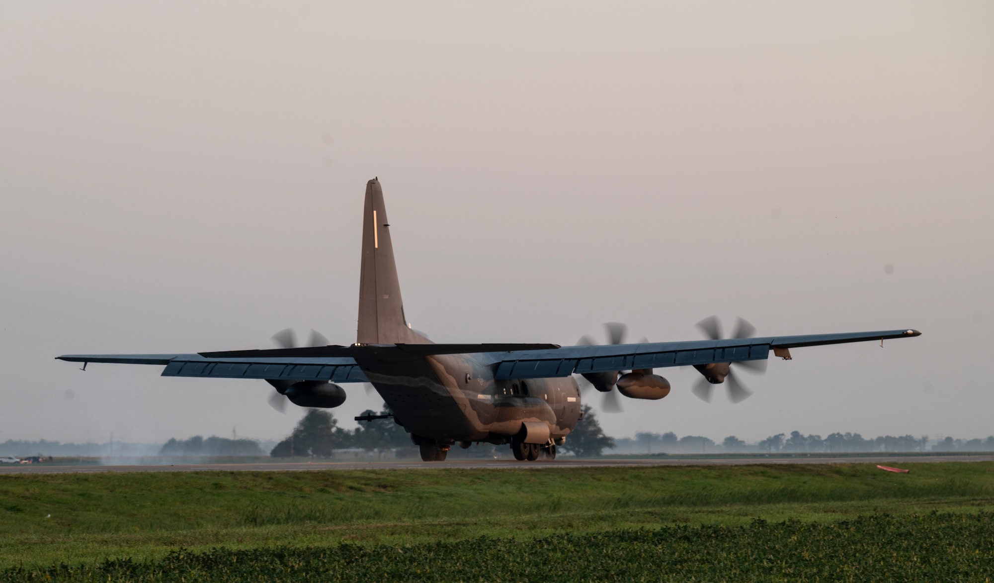 A U.S. Air Force AC-130J Ghostrider Gunship, assigned to the 1st Special Operations Wing, prepares to land on Highway 63 during Emerald Warrior 24 FTX II in Bono, Arkansas, August 4, 2024.
