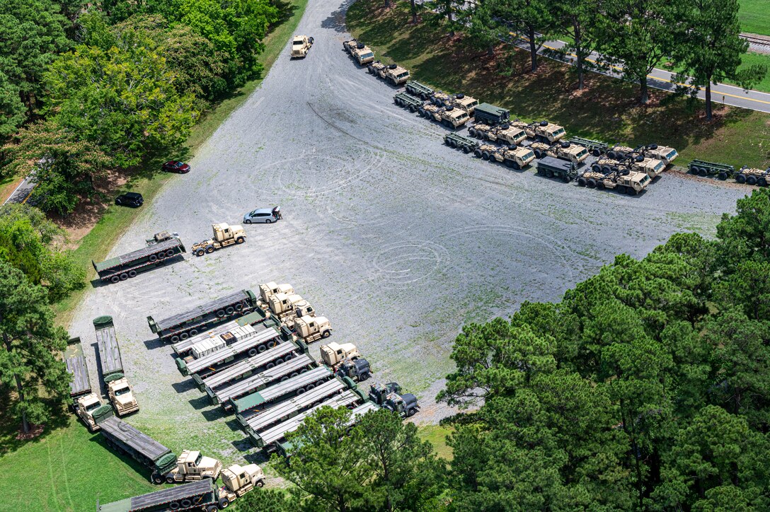 Aerial footage of trucks