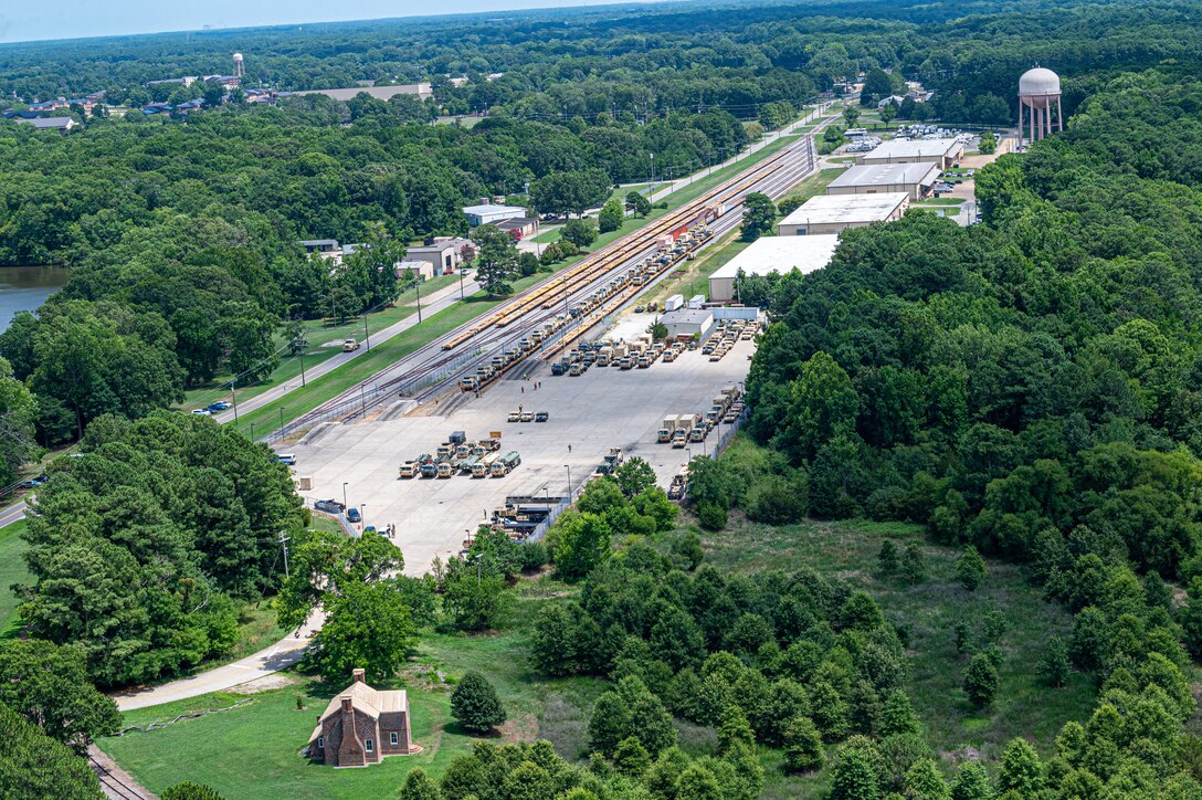 Aerial footage of the rail way at Ft. Eustis