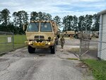 U.S. Army Soldiers assigned to the 1050th Transportation Battalion, 59th Troop Command, South Carolina National Guard, mobilized in support of Florida’s request for assistance through the Emergency Management Assistance Compact (EMAC) process, in anticipation of tropical storm Debby from Varnville, South Carolina, Aug. 4, 2024.