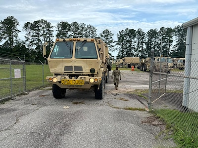 U.S. Army Soldiers assigned to the 1050th Transportation Battalion, 59th Troop Command, South Carolina National Guard, mobilized in support of Florida’s request for assistance through the Emergency Management Assistance Compact (EMAC) process, in anticipation of tropical storm Debby from Varnville, South Carolina, Aug. 4, 2024.