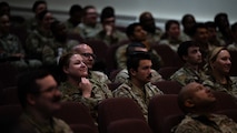 Airmen assigned to the 5th Bomb Wing (BW) attend an all-call at Minot Air Force Base, North Dakota, July 31, 2024. This all-call marked the first for Col. Jesse Lamarand, 5th BW commander, and Chief Master Sgt. Wayne Sharp, 5th BW command chief, as the new 5th BW command team. (U.S. Air Force photo by Airman 1st Class Alyssa Bankston)