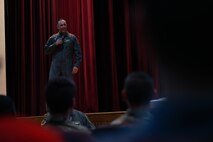 U.S. Air Force Col. Jesse Lamarand, 5th Bomb Wing (BW) commander, holds his inaugural 5th BW all-call at Minot Air Force Base, North Dakota, July 30, 2024. During the all-call, Lamarand introduced his leadership philosophy, which emphasizes the importance of interpersonal connection. (U.S. Air Force photo by Airman 1st Class Alyssa Bankston)