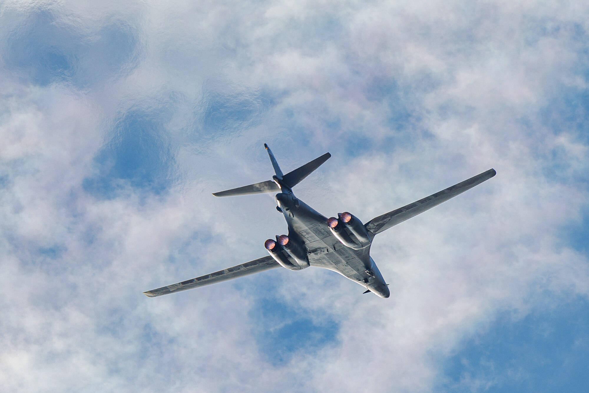 A B-1B Lancer assigned to the 419th Flight Test Squadron takes off from Edwards Air Force Base, California, Feb. 7, to conduct flight tests on the Load Adaptable Modular pylon. (Air Force photo by C.J. Raterman)
