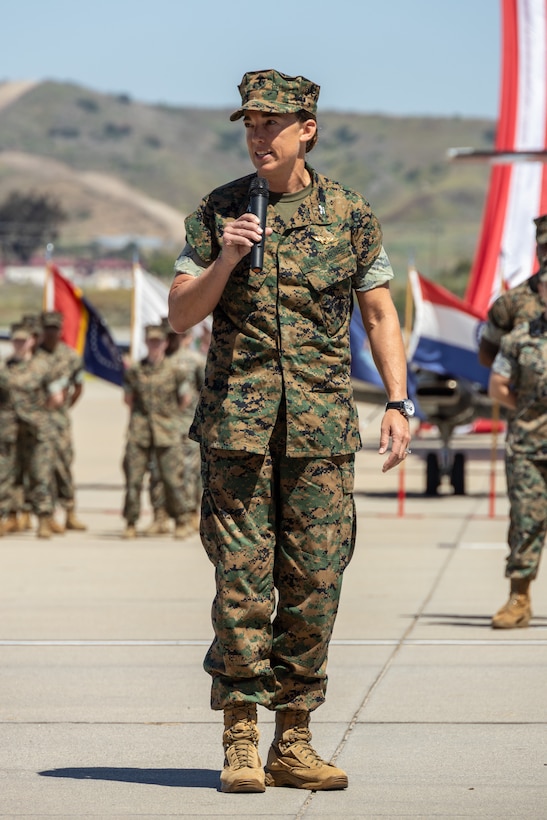 U.S. Marine Corps Col. Christine M. Houser, Marine Corps Air Station Camp Pendleton commanding officer, gives remarks during a change of command ceremony at MCAS Camp Pendleton, Calif., June 13, 2024. During the ceremony, Col. David B. Moore relinquished command of MCAS Camp Pendleton to Col. Christine M. Houser. The ceremony represents the transfer of authority, responsibility, and accountability from the outgoing officer to the incoming commanding officer. (U.S. Marine Corps photo by Lance Cpl. Mhecaela J. Watts)