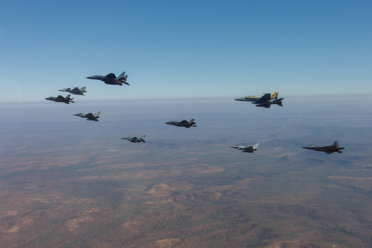 Participating nations fly in formation over the training area of Australia's Northern Territory during exercise Pitch Black 24, July 23, 2024.