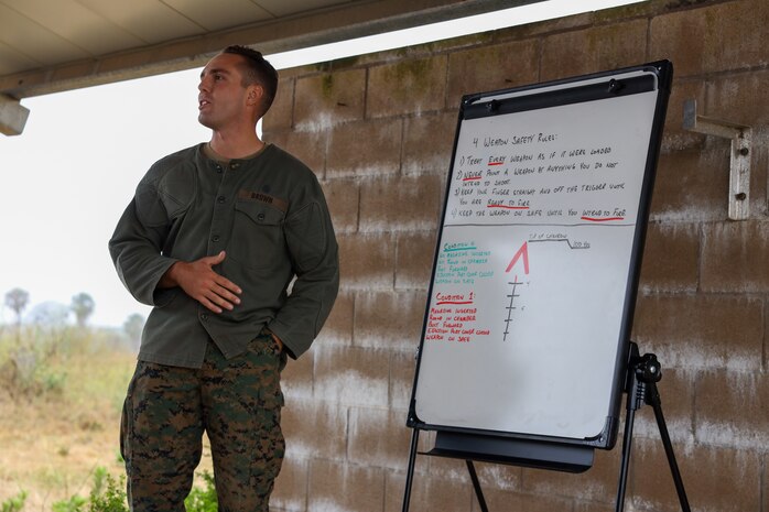 A Marine Corps range coach gives a class on weapons safety to educators during an Educators Workshop event at Marine Corps Base Camp Pendleton in Oceanside, Calif., July 10, 2024. The Educators Workshop program provides selected educators and influential community members with an experiential opportunity to see how the Marine Corps transforms young men and women into Marines. The workshop also provides attendees with current information regarding Marine Corps training practices, military job skills, service opportunities, military lifestyle, and educational benefits available to Marines. (U.S. Marine Corps photo by Cpl. Israel Ballaro)