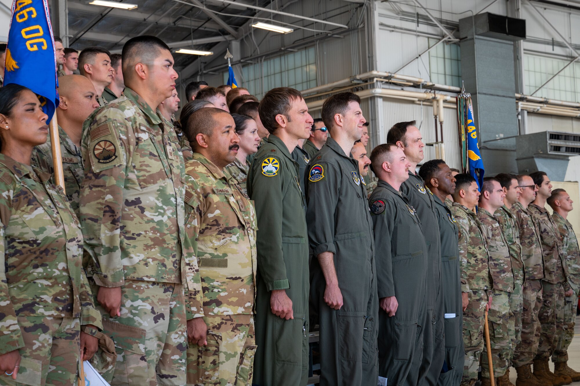 Airmen of the 446th Airlift Wing stand at attention as Col. Joseph Vanoni assumes command of 446th Airlift Wing in an assumption of command ceremony at Joint Base Lewis-McChord, Washington, on Aug. 3, 2024.