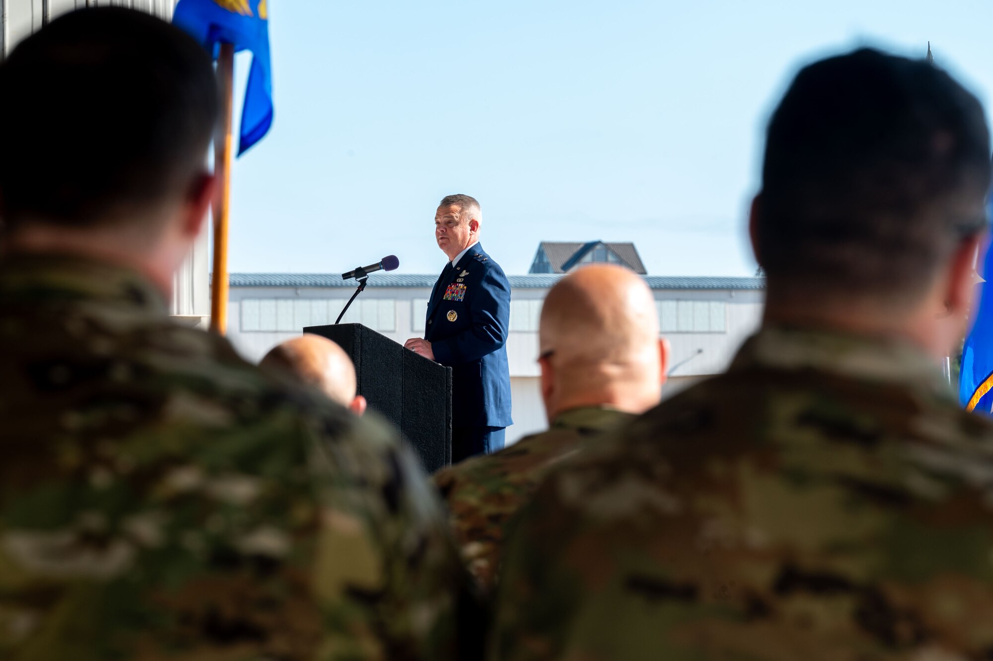 Maj. Gen. D. Scott Durham, 4th Air Force Commander, speaks to Airmen of the 446th Airlift Wing prior to Col. Joseph Vanoni assuming command of 446th AW during an assumption of command ceremony at Joint Base Lewis-McChord, Washington, on Aug. 3, 2024.