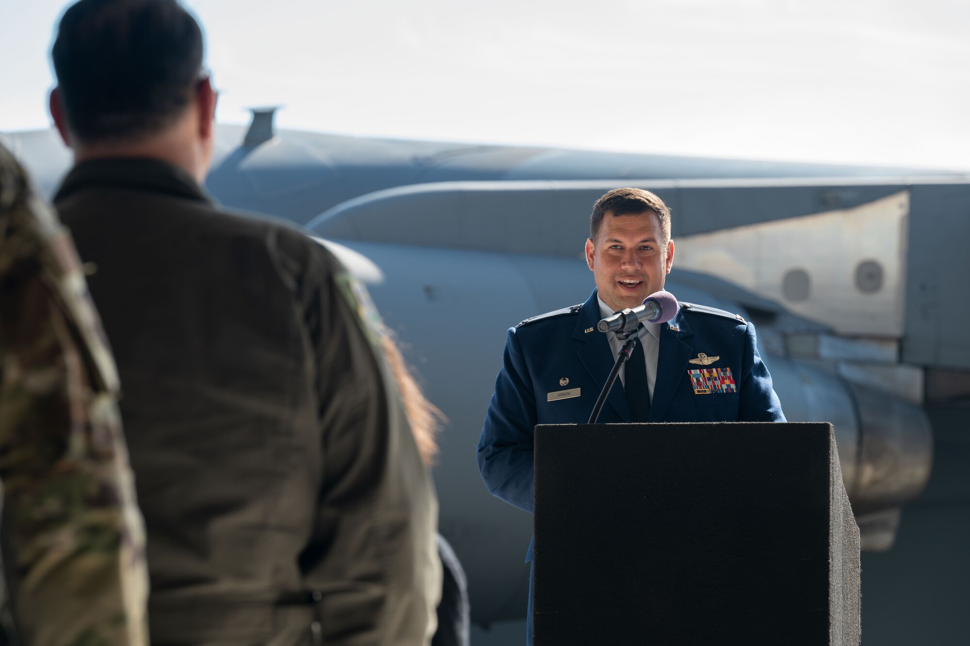 Col. Joseph Vanoni speaks to Airmen of the 446th Airlift Wing after assuming command of 446th Airlift Wing at Joint Base Lewis-McChord, Washington, on Aug. 3, 2024.