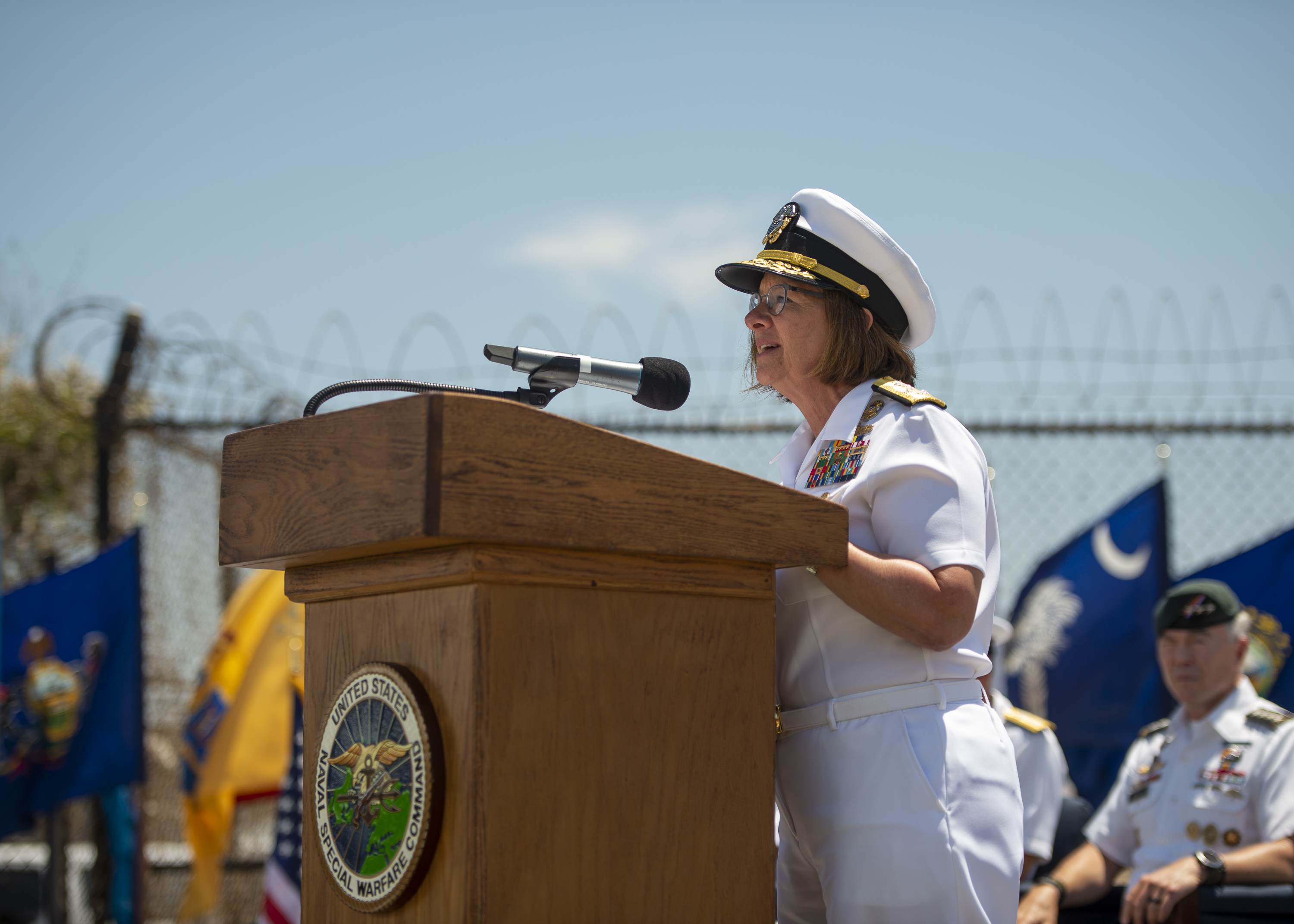 Chief of Naval Operations Adm. Lisa Franchetti speaks at Naval Special Warfare Command’s change of command ceremony. NSW is the nation’s premiere maritime special operations force and is uniquely positioned to extend the fleet’s reach and deliver all-domain options for naval and joint force commanders.