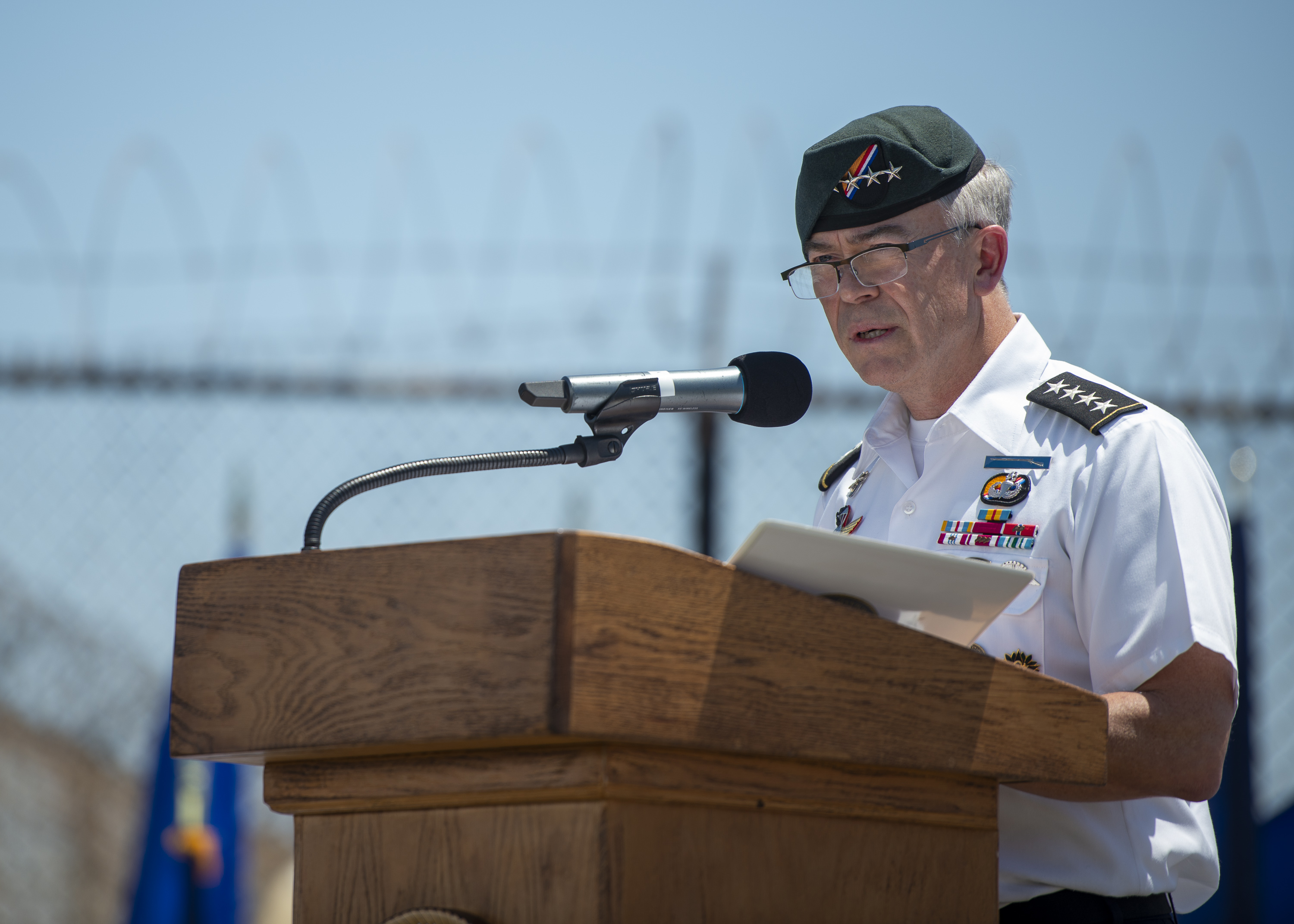 Gen. Bryan P. Fenton, commander U.S. Special Operations Command, speaks during Naval Special Warfare Command’s change of command ceremony. NSW is the nation’s premiere maritime special operations force and is uniquely positioned to extend the fleet’s reach and deliver all-domain options for naval and joint force commanders.