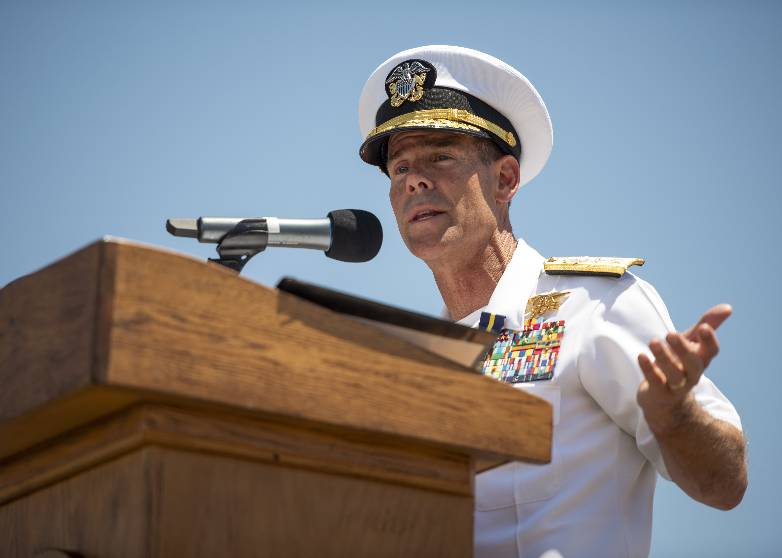 Rear Adm. Keith B. Davids, commander, Naval Special Warfare Command (NSWC) speaks during NSWC’s change of command ceremony. NSW is the nation’s premiere maritime special operations force and is uniquely positioned to extend the fleet’s reach and deliver all-domain options for naval and joint force commanders.