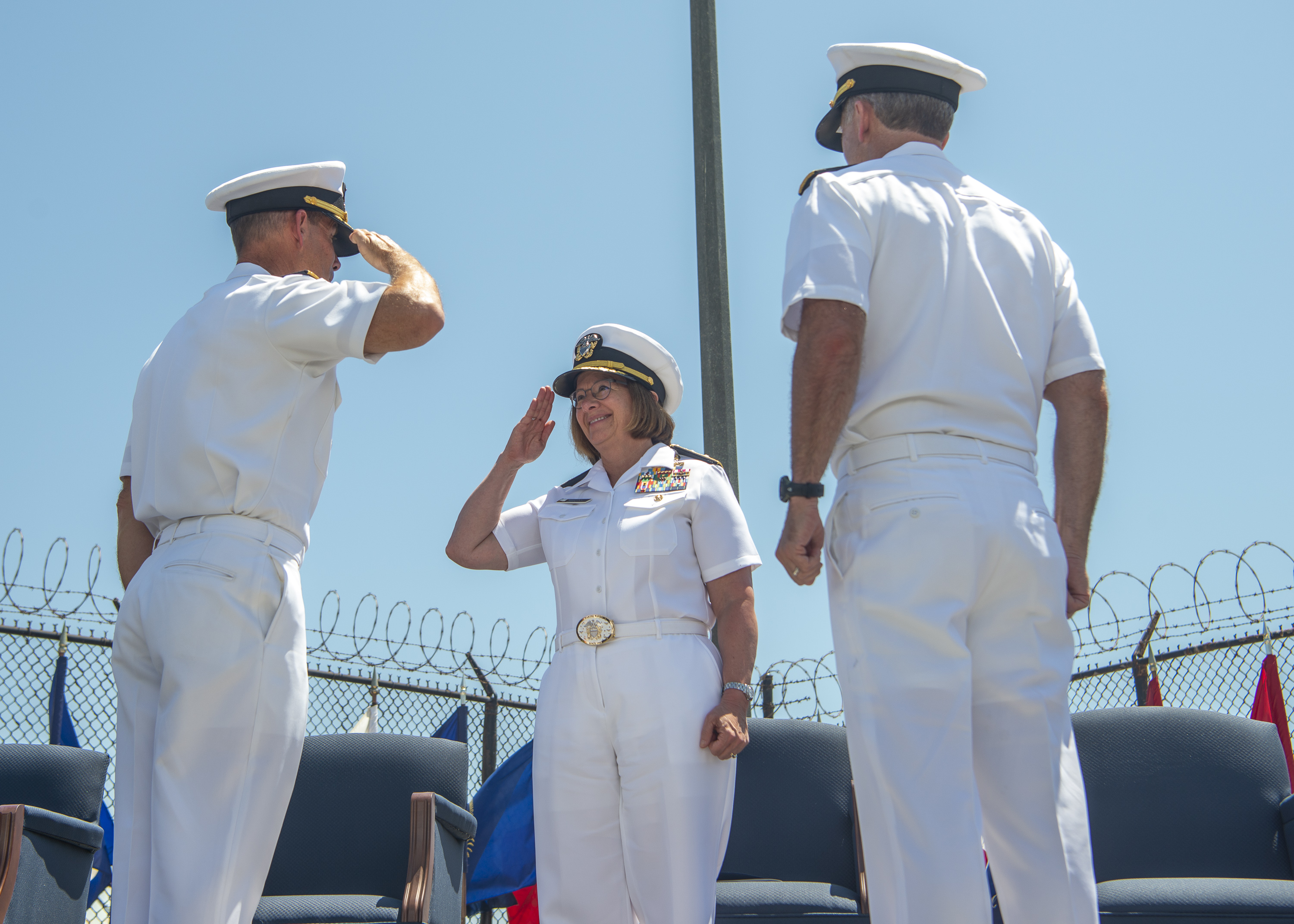 Chief of Naval Operations Adm. Lisa Franchetti salutes Rear Adm. Keith B. Davids, commander, Naval Special Warfare Command (NSWC) during NSWC’s change of command ceremony. NSW is the nation’s premiere maritime special operations force and is uniquely positioned to extend the fleet’s reach and deliver all-domain options for naval and joint force commanders.