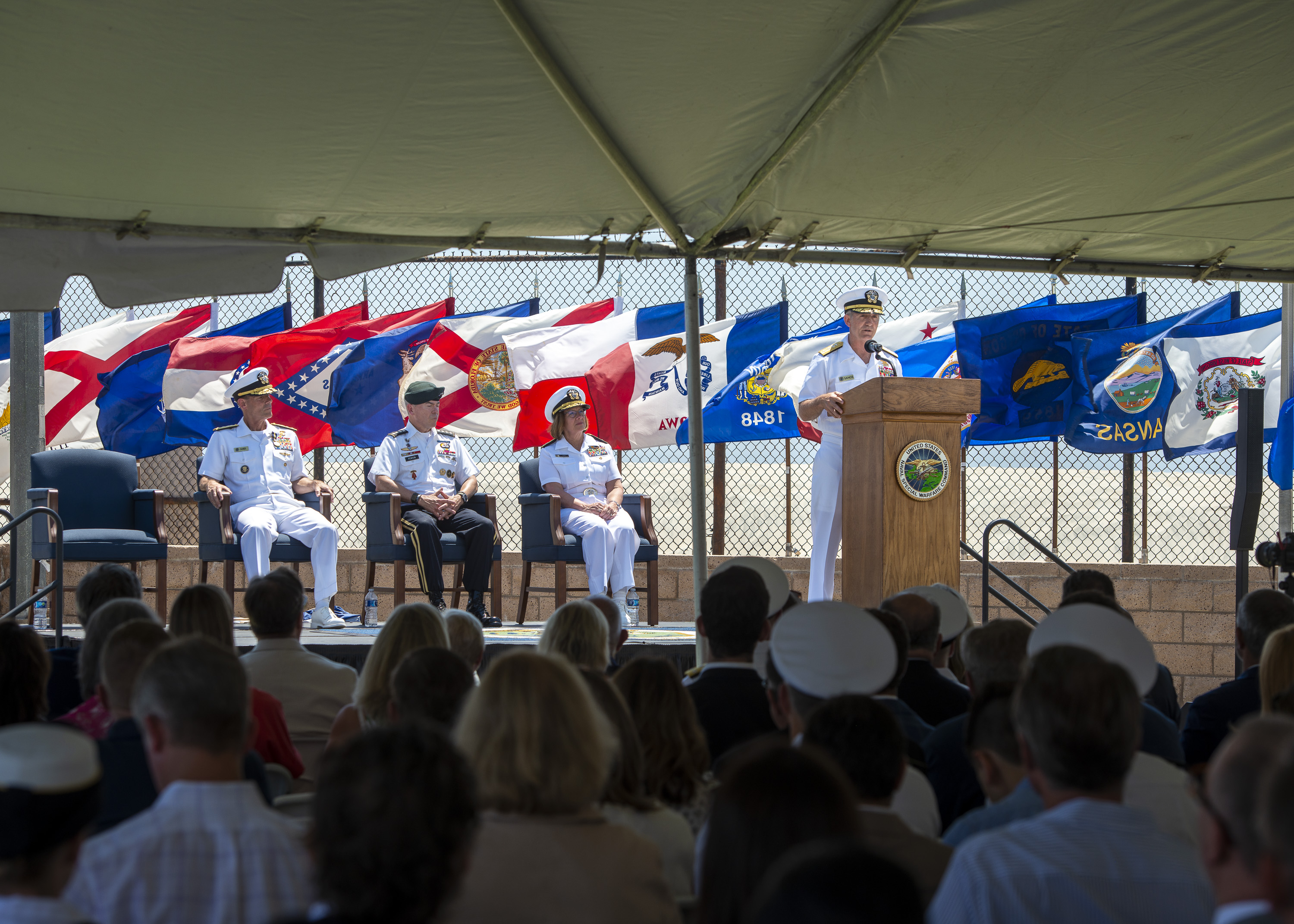 Rear Adm. Milton J. Sands III speaks during Naval Special Warfare Command’s change of command ceremony. NSW is the nation’s premiere maritime special operations force and is uniquely positioned to extend the fleet’s reach and deliver all-domain options for naval and joint force commanders.