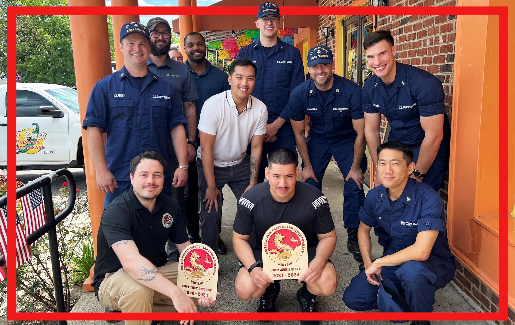 The Coast Guard’s red team earned Department of Defense (DoD) certification on March 30, 2024. Current team members celebrating in Alexandria, VA, from left to right, (top): Petty Officer 1st Class Sean Caffrey, Cyber Mission Specialist (CMS), Connor Hazen, Daniel Coyne, Mario Simon, Juan Samson, Lt. j.g. Domenico Bulone, Ens. Isaiah Hernandez, Lt. j.g. Justin Steiner (bottom): Petty Officer 1st Class William Bischof, CMS, Petty Officer 2nd Class Jesus Silva, Chief Petty Officer David Lu, CMS