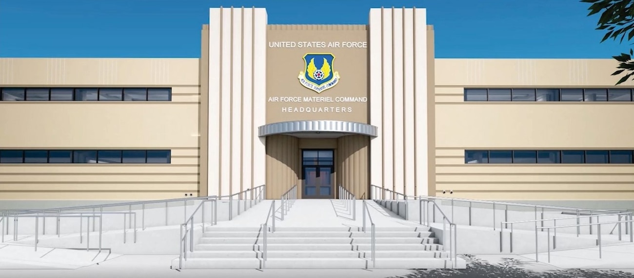 Illustration of what the East entrance of AFMC headquarters will look like post-renovation.