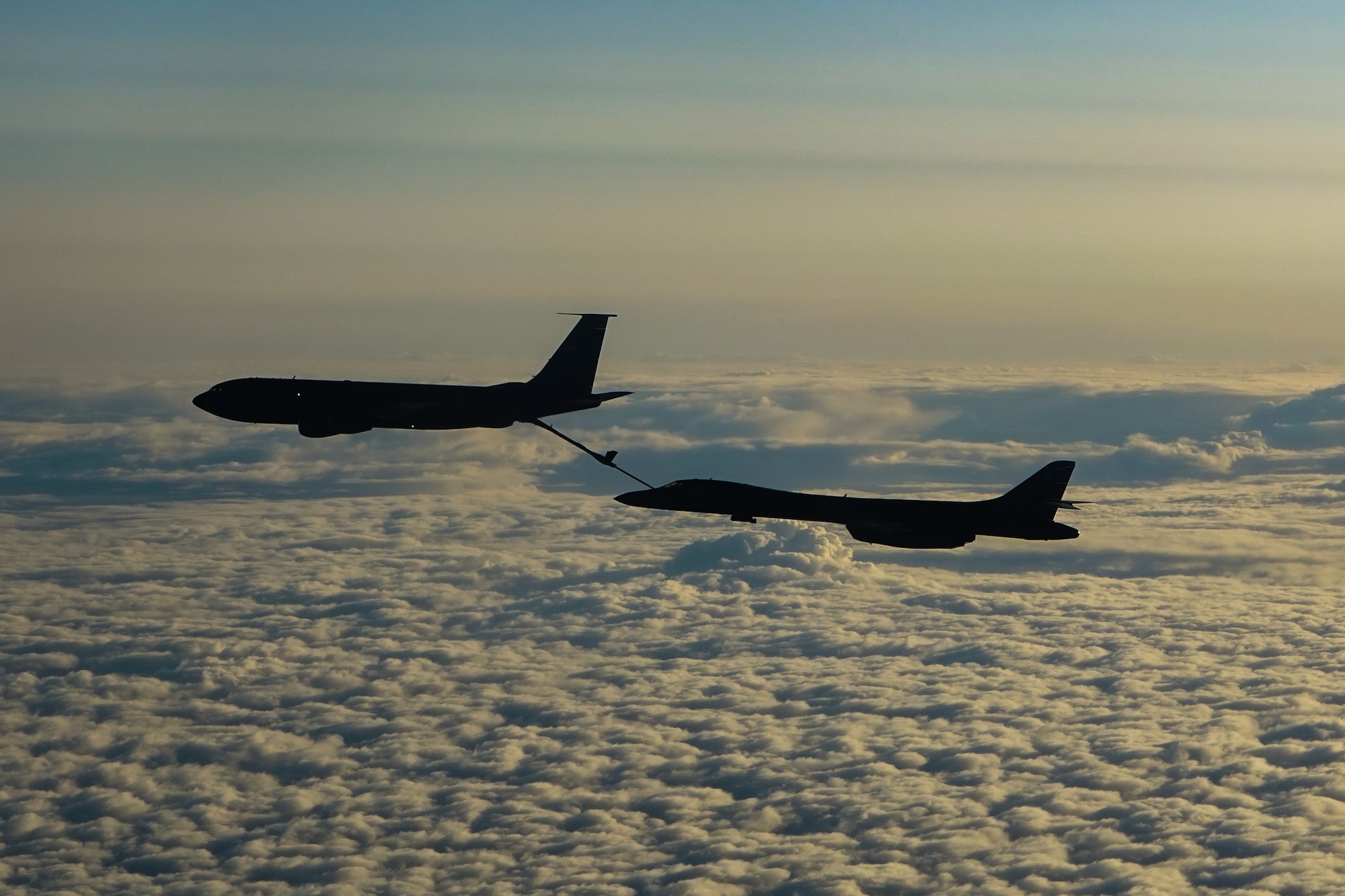 A B-1B Lancer assigned to the 34th Bomb Squadron receives fuel from a KC-135 Stratotanker during a CONUS-to-CONUS bomber mission Aug. 1, 2024. Given the inherent speed, flexibility, and range of strategic bombers, C2C missions demonstrate U.S. capabilities to our allies, partners, potential adversaries and near-peer competitors. (Courtesy photo)