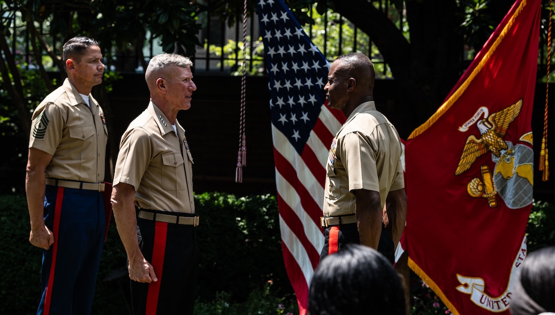 U.S. Marine Corps Lt. Gen. Jerry Carter, right, the Deputy Commandant for Information, is promoted to the rank of Lieutenant General by Gen. Eric Smith, Commandant of the Marine Corps, at Marine Barracks Washington, Washington D.C., Aug. 1, 2024.