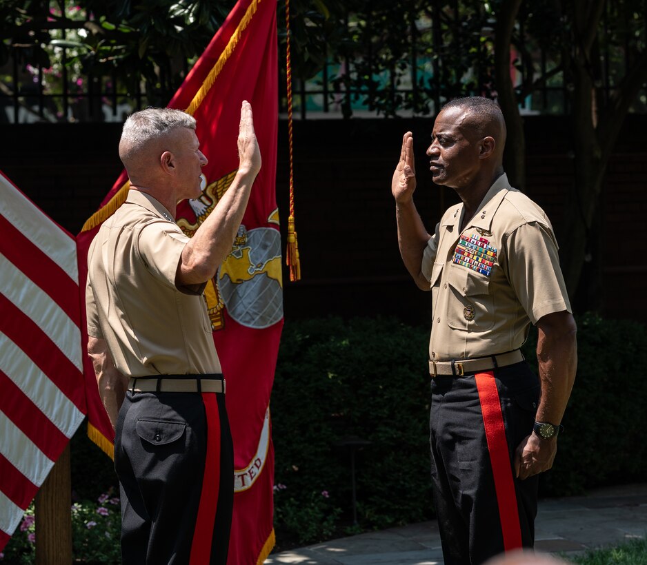 U.S. Marine Corps Lt. Gen. Jerry Carter, right, the Deputy Commandant for Information, is promoted to the rank of Lieutenant General by Gen. Eric Smith, Commandant of the Marine Corps, at Marine Barracks Washington, Washington D.C., Aug. 1, 2024.