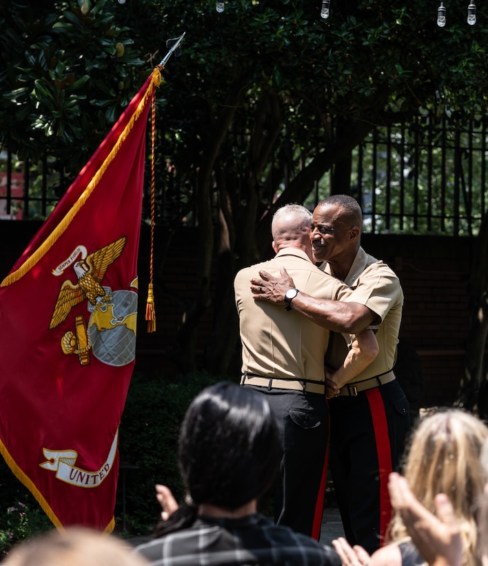 U.S. Marine Corps Lt. Gen. Jerry Carter, right, the Deputy Commandant for Information, is promoted to the rank of Lieutenant General by Gen. Eric Smith, Commandant of the Marine Corps, at Marine Barracks Washington, Washington D.C., Aug. 1, 2024.