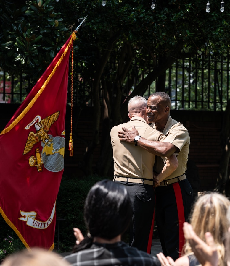 U.S. Marine Corps Lt. Gen. Jerry Carter, right, the Deputy Commandant for Information, is promoted to the rank of Lieutenant General by Gen. Eric Smith, Commandant of the Marine Corps, at Marine Barracks Washington, Washington D.C., Aug. 1, 2024.
