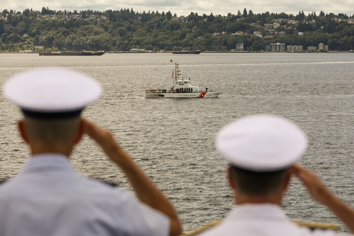 U.S. Navy, Coast Guard, and Marine Corps officers return honors to the Protector-class patrol boat USCGC Terrapin (WPB-87366) as part of the Parade of Ships in Elliot Bay, Washington, during Seattle Seafair Fleet Week July 30, 2024.  Seattle Fleet Week is a time-honored celebration of the sea services and provides an opportunity for the citizens of Washington to meet Sailors, Marines and Coast Guardsmen, as well as witness firsthand the latest capabilities of today’s U.S. and Canadian maritime services. (U.S. Navy photo by Mass Communication Specialist 1st Class Jacob. I. Allison)