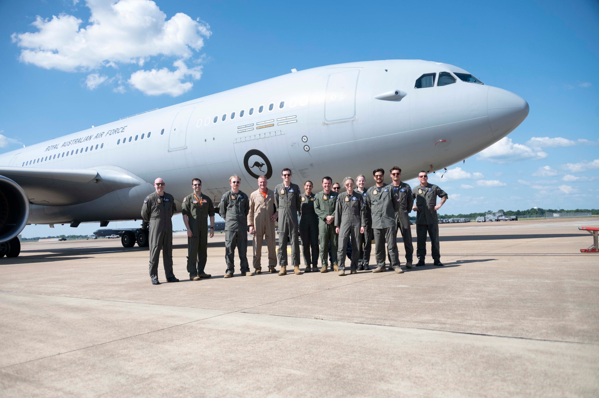 An Australian Air Force KC-30A Multi-Role Tanker Transport arrives at Barksdale Air Force Base, Louisiana, June 21, 2024. The jet arrived after refueling a B-52 Stratofortress as part of a training mission to get U.S. Airmen certified on the tanker. The effort highlighted interoperability between the two services and helped solidify the B-52’s role in assuring allies in the Pacific region. (U.S. Air Force by Senior Master Sgt. Ted Daigle)