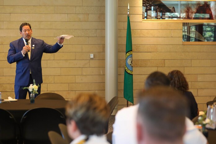 Bruce Harell, Mayor of Seattle, speaks at a Mayor's reception during Seattle Fleet Week July 31, 2024.  Seattle Fleet Week is a time-honored celebration of the sea services and provides an opportunity for the citizens of Washington to meet Sailors, Marines and Coast Guardsmen, as well as witness firsthand the latest capabilities of today’s maritime services. (U.S. Navy photo by Mass Communication Specialist 3rd Class Justin Ontiveros)