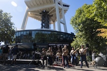 U.S. Marines with the 1st Marine Division Band perform at the Space Needle as part of Seattle Seafair Fleet Week in Seattle, Aug. 1, 2024. The U.S. Navy, Coast Guard, and Marines have been involved in Seafair in some way since the festival began 75 years ago. The annual event provides service members an opportunity to interact with the American people and promotes the Navy-Marine Corps team as the nation’s expeditionary force in readiness. (U.S. Marine Corps photo by Sgt. Cameron Hermanet)