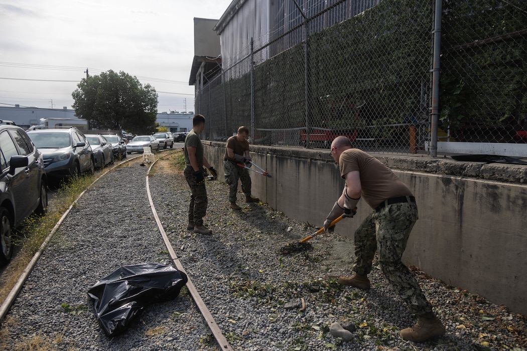 U.S. Marine Corps Lance Cpl. Matthew Willis, left, a motor vehicle operator with Combat Logistics Battalion 23, 4th Marine Logistics Group, pulls weeds alongside U.S. Navy Sailors during a volunteer event at Emerald City Pet Rescue as part of Seattle Seafair Fleet Week in Seattle, Aug. 2, 2024. The U.S. Navy, Coast Guard, and Marines have been involved in Seafair in some way since the festival began 75 years ago. The annual event provides service members an opportunity to interact with the American people and promotes the Navy-Marine Corps team as the nation’s expeditionary force in readiness. Willis is a native of Washington. (U.S. Marine Corps photo by Sgt. Cameron Hermanet)