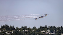 The U.S. Navy Blue Angels flight demonstration team performs over Lake Washington, Seattle, as part of Seattle Seafair Fleet Week Aug. 2, 2024.  Seattle Fleet Week is a time-honored celebration of the sea services and provides an opportunity for the citizens of Washington to meet Sailors, Marines and Coast Guardsmen, as well as witness firsthand the latest capabilities of today’s maritime services. (U.S. Navy photo by Mass Communication Specialist 1st Class Jacob I. Allison)