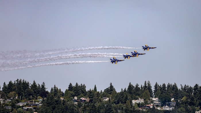 The U.S. Navy Blue Angels flight demonstration team performs over Lake Washington, Seattle, as part of Seattle Seafair Fleet Week Aug. 2, 2024.  Seattle Fleet Week is a time-honored celebration of the sea services and provides an opportunity for the citizens of Washington to meet Sailors, Marines and Coast Guardsmen, as well as witness firsthand the latest capabilities of today’s maritime services. (U.S. Navy photo by Mass Communication Specialist 1st Class Jacob I. Allison)