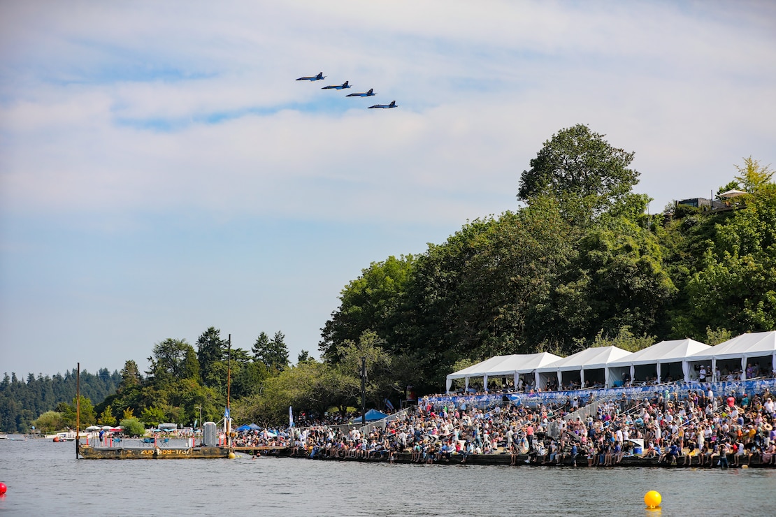 The U.S. Navy Blue Angels flight demonstration team performs over Lake Washington, Seattle, as part of Seattle Seafair Fleet Week Aug. 2, 2024.  Seattle Fleet Week is a time-honored celebration of the sea services and provides an opportunity for the citizens of Washington to meet Sailors, Marines and Coast Guardsmen, as well as witness firsthand the latest capabilities of today’s maritime services. (U.S. Navy photo by Mass Communication Specialist 1st Class Jacob I. Allison)