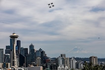 The U.S. Navy Blue Angels flight demonstration team fly over Seattle during Seattle Seafair Fleet Week Aug. 3, 2024.  Seattle Fleet Week is a time-honored celebration of the sea services and provides an opportunity for the citizens of Washington to meet Sailors, Marines and Coast Guardsmen, as well as witness firsthand the latest capabilities of today’s maritime services. (U.S. Navy photo by Mass Communication Specialist 1st Class Jacob I. Allison)