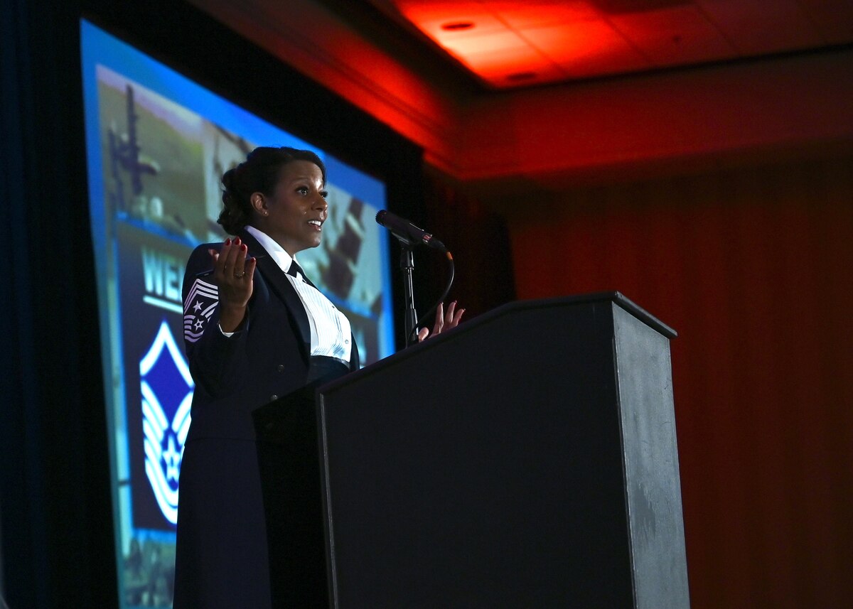 U.S. Air Force Chief Master Sgt. Sharreen Taylor, 11th Air Task Force (Air Force Special Operations Command) command chief, speaks at a senior noncommissioned officer induction ceremony in Tucson, Ariz., Aug. 2, 2024. Taylor spoke of Great Power Competition and the importance of building capable and ready Airmen. (U.S. Air Force photo by Staff Sgt. Abbey Rieves)