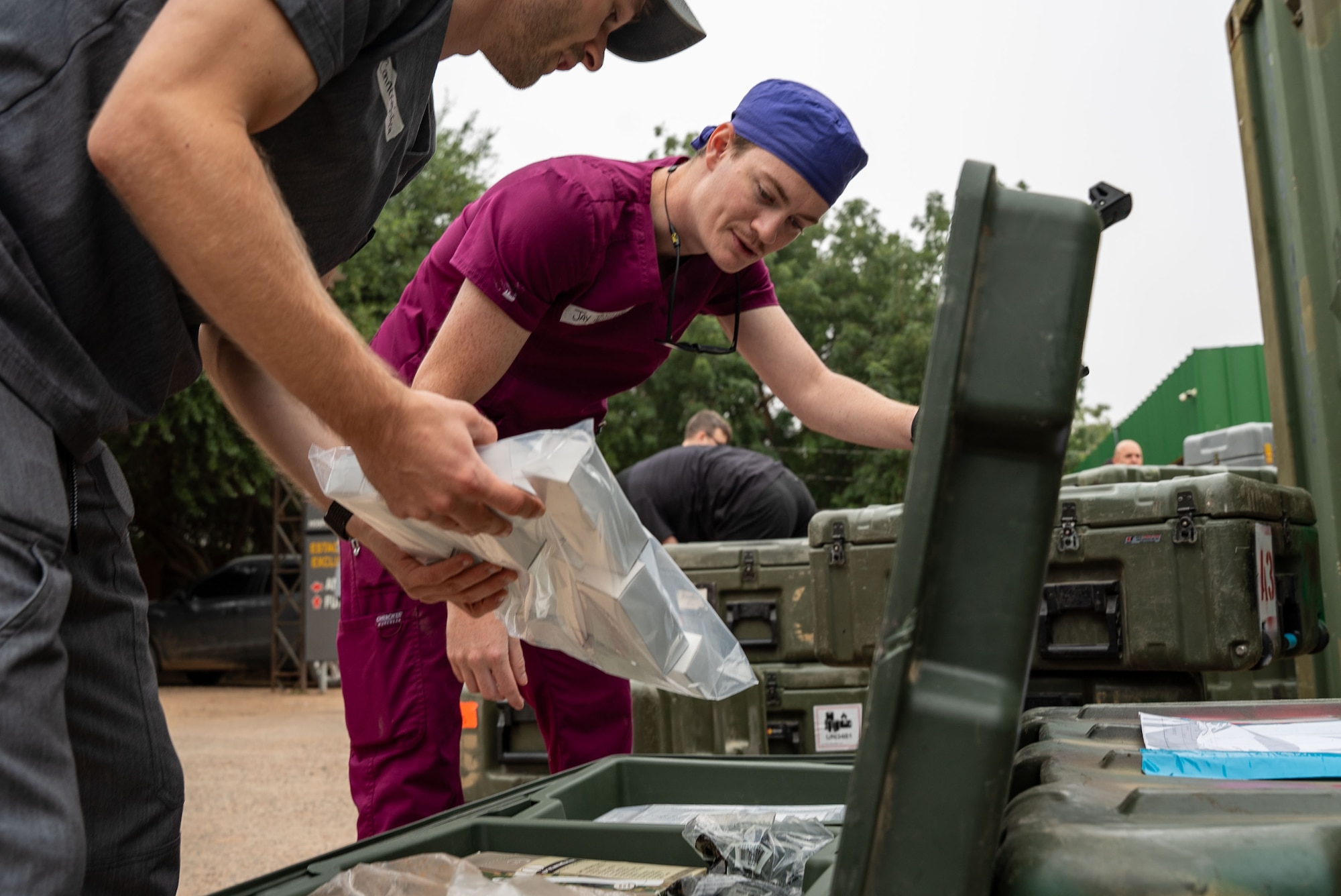 U.S. Army Capt. Connor Dial (left), detachment chief assigned to the 759th Forward Resuscitative Surgical Detachment (Airborne), and U.S. Army Sgt. Jaryn Uniek (right), emergency room technician assigned to the 759th FRSD (ABN), organize medical supplies during AMISTAD 24 in Filadelfia, Paraguay, July 31, 2024. The 759th FRSD (ABN) is one of three Airborne surgical teams in the U.S. Army. The unit was originally activated in 1945 and has a rich history of deployment in support of Vietnam War, Operation Iraqi Freedom, Operation Enduring Freedom and Operation Freedom Sentinel. The normal battle rhythm for the 759th FRSD (ABN) involves a robust training regimen of tactical training, clinical skills, and airborne operations. (U.S. Air Force photo by Tech. Sgt. Carly Feliciano)