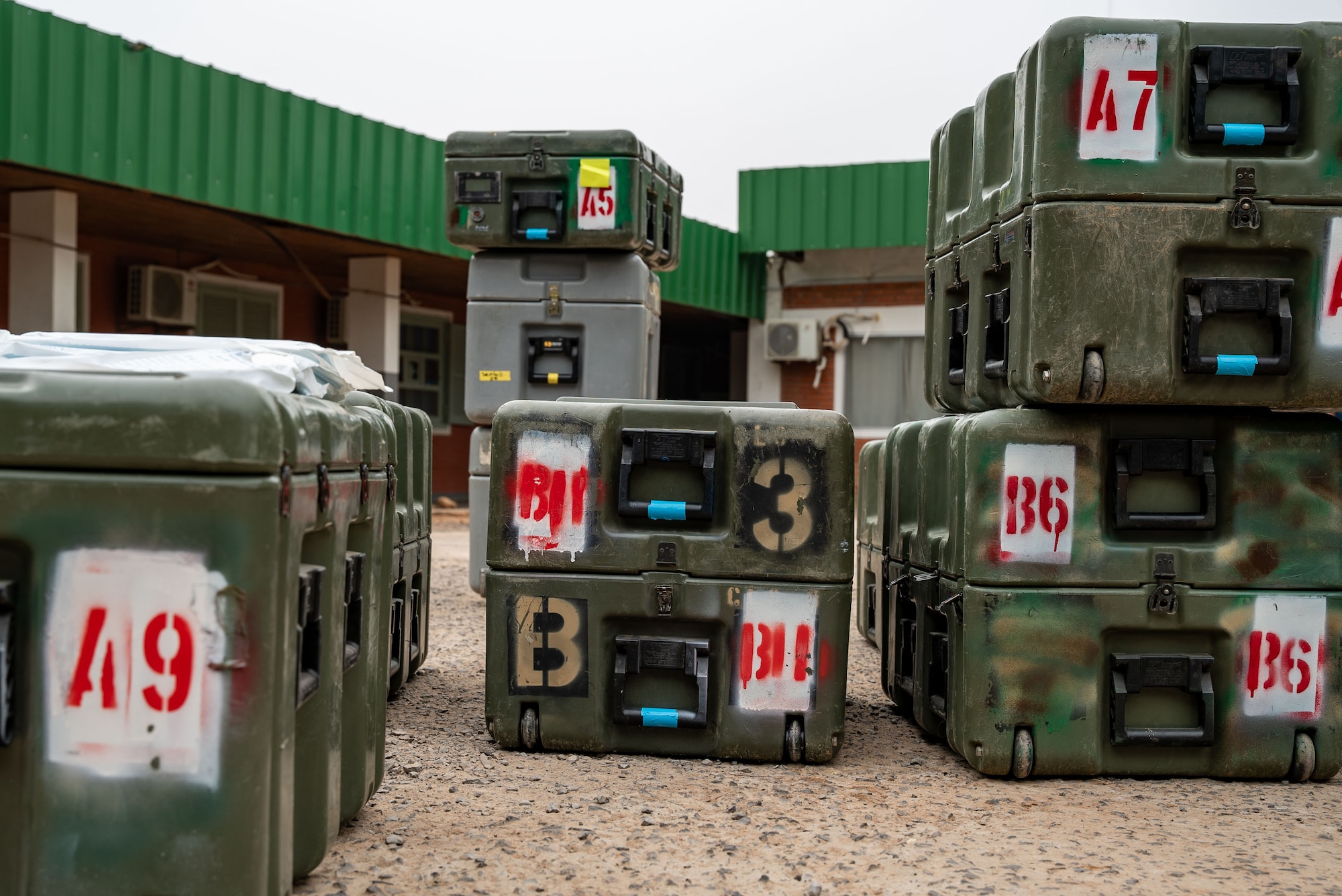 Containers full of medical supplies are staged for surgery set up during AMISTAD 24 in Filadelfia, Paraguay, July 31, 2024. The 759th FRSD (ABN) is one of three Airborne surgical teams in the U.S. Army. The unit was originally activated in 1945 and has a rich history of deployment in support of Vietnam War, Operation Iraqi Freedom, Operation Enduring Freedom and Operation Freedom Sentinel. The normal battle rhythm for the 759th FRSD (ABN) involves a robust training regimen of tactical training, clinical skills, and airborne operations. (U.S. Air Force photo by Tech. Sgt. Carly Feliciano)