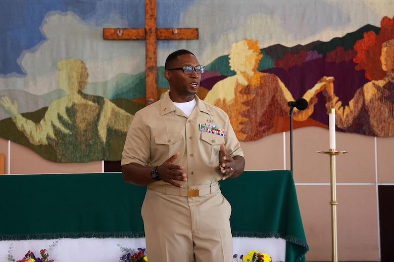 U.S. Navy Lt. j.g. Jimi Liddell Gayden, a newly commissioned Naval officer with 3rd Marine Aircraft Wing, gives closing remarks during his commissioning ceremony at Marine Corps Base Camp Pendleton, California, July 30, 2024. Following 28 years of service in the U.S. Marine Corps, on July 30, 2024, Liddell Gayden commissioned as a lieutenant junior grade in the U.S. Navy to pursue a new career as a chaplain. Liddell Gayden will attend Navy Officer Development School this fall, followed by Naval Chaplaincy School.  (U.S. Marine Corps photo by Cpl. Nicholas Johnson)