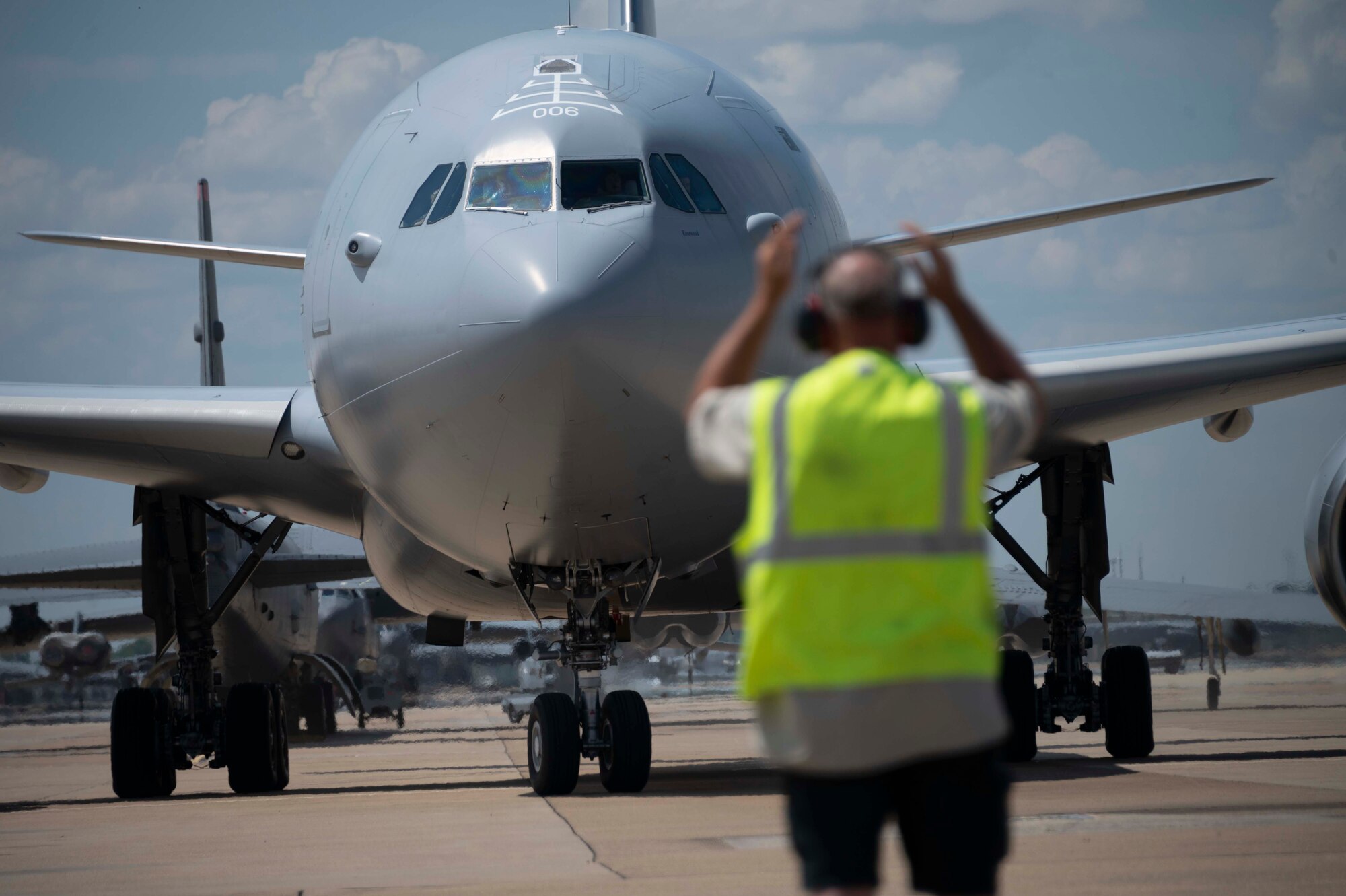 An Australian Air Force KC-30A Multi-Role Tanker Transport arrives at Barksdale Air Force Base, Louisiana, June 21, 2024. The jet landed after refueling a B-52 Stratofortress as part of a training mission to get U.S. Airmen certified on the tanker. The effort highlighted interoperability between the two services and helped solidify the B-52’s role in assuring allies in the Pacific region. (U.S. Air Force by Senior Master Sgt. Ted Daigle)