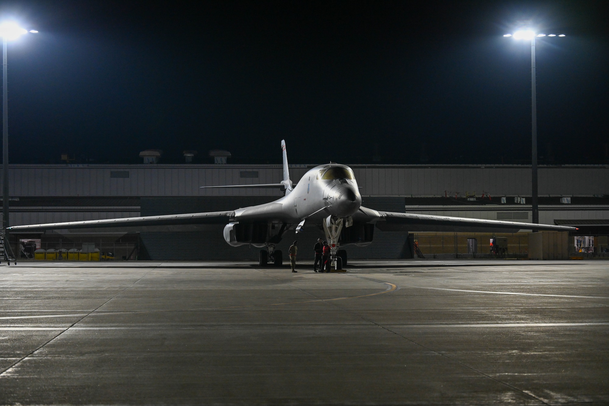 A U.S. Air Force B-1B Lancer assigned to the 34th Bomb Squadron undergoes pre-flight inspections on the flightline prior to takeoff for a CONUS-TO-CONUS mission at Ellsworth Air Force Base, S.D., Aug. 1, 2024. The B-1B Lancer is a long-range, multi-role bomber that carries the largest payload of precision guided and unguided munitions in the U.S. Air Force’s inventory. (U.S. Air Force photo by Airman Alec Carlberg)