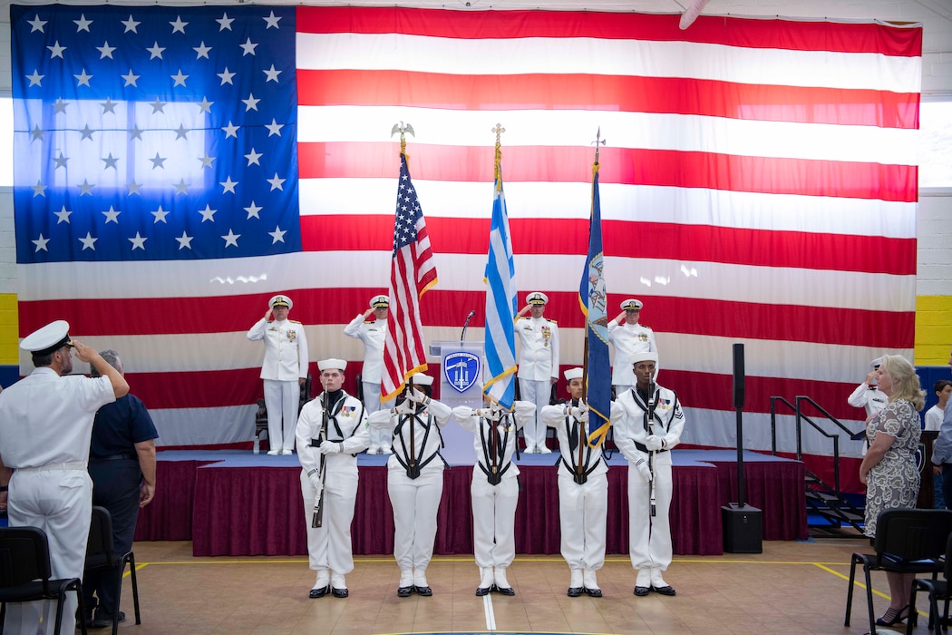 Sailors assigned to Naval Support Activity (NSA) Souda Bay parade the colors during a Change of Command Ceremony onboard NSA Souda Bay, Greece, on Aug. 1, 2024.