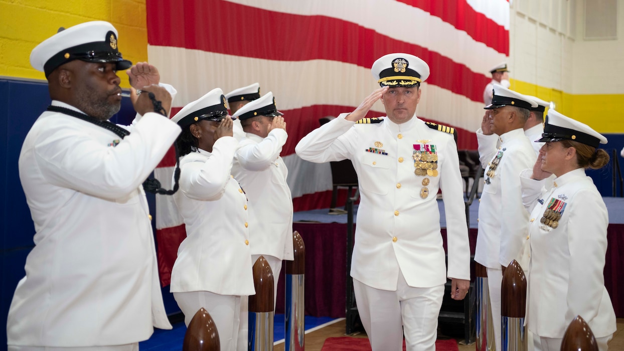 Capt. Stephen Steacy, incoming commanding officer, Naval Support Activity (NSA) Souda Bay, is piped ashore during a Change of Command Ceremony onboard NSA Souda Bay, Greece, on Aug. 1, 2024.