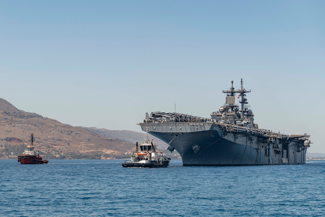 Amphibious assault ship USS Wasp (LHD 1) arrives at the NATO Marathi Pier Complex in Souda Bay, Greece, during a scheduled port visit on July 8, 2024.